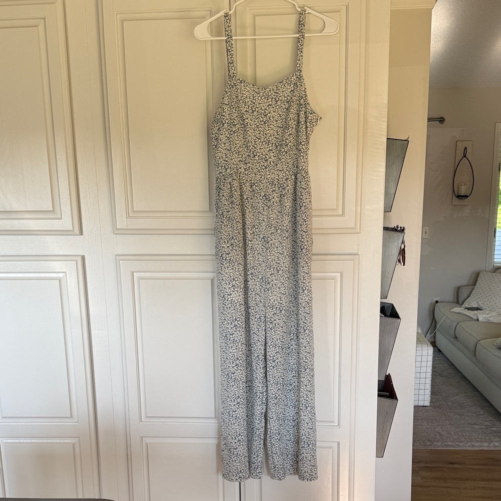 Spaghetti Strap Jumpsuit in Dusty Blue and White